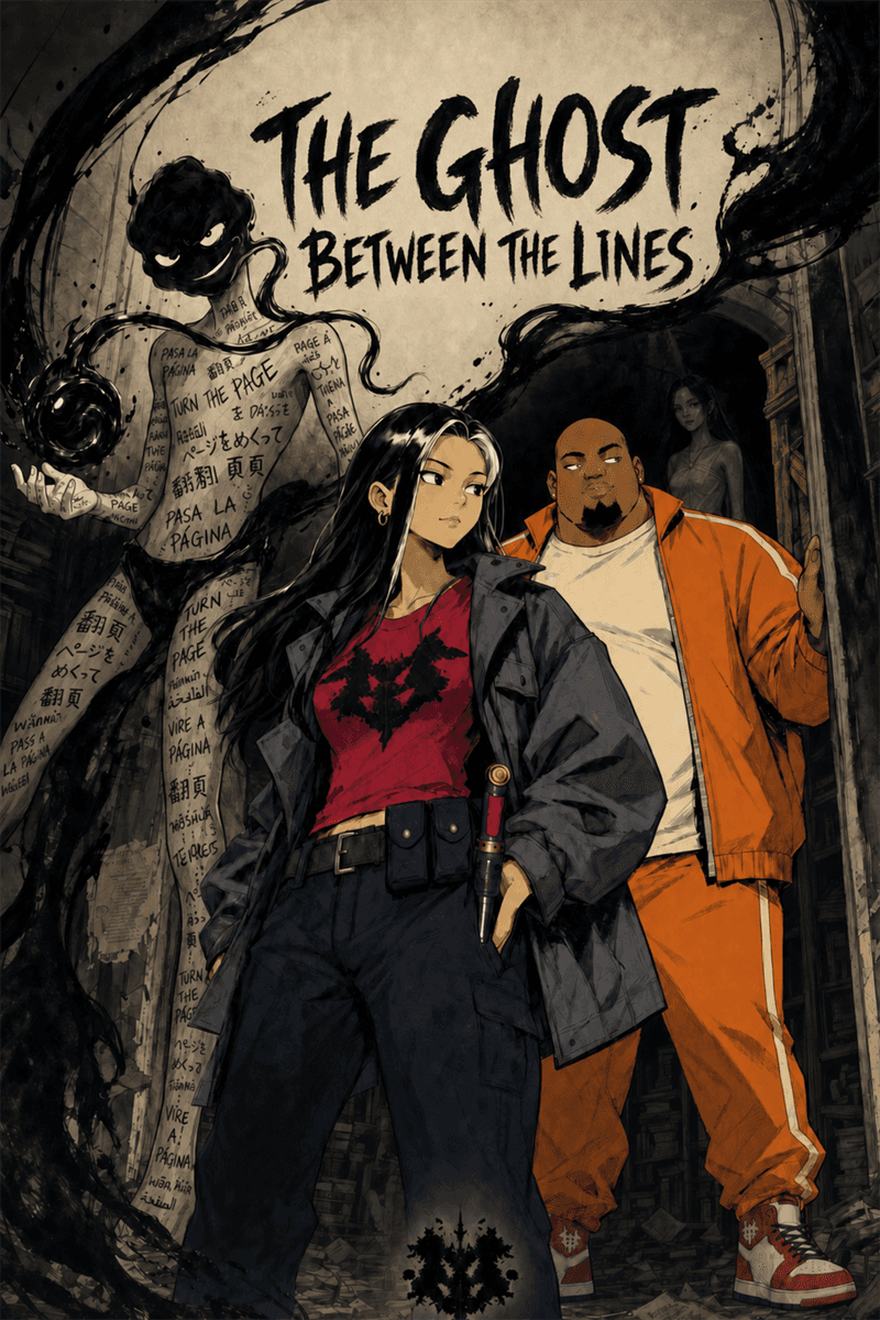 Story one cover: The Ghost Between the Lines, with Mai, Rafa and the ink ghost