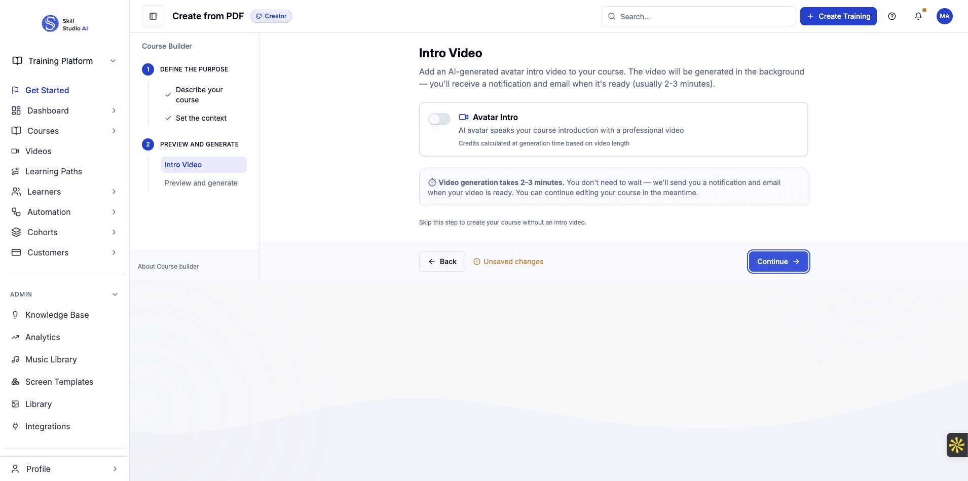 Click Continue again to confirm your settings and proceed to content generation.