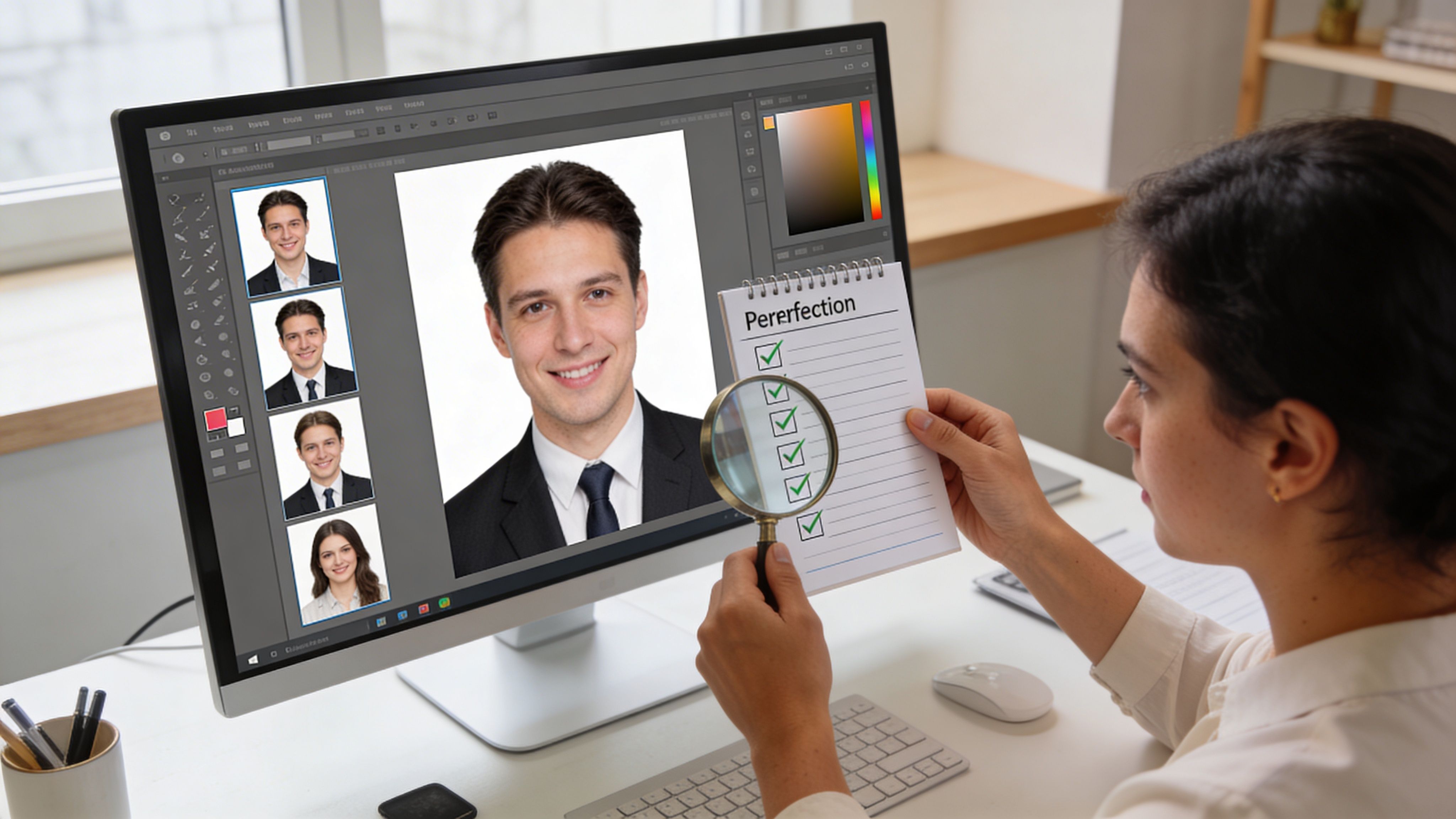 Eine Grafikdesignerin prüft professionelle Bewerbungsfotos am Computer mit einer Lupe auf Qualität und Perfektion.