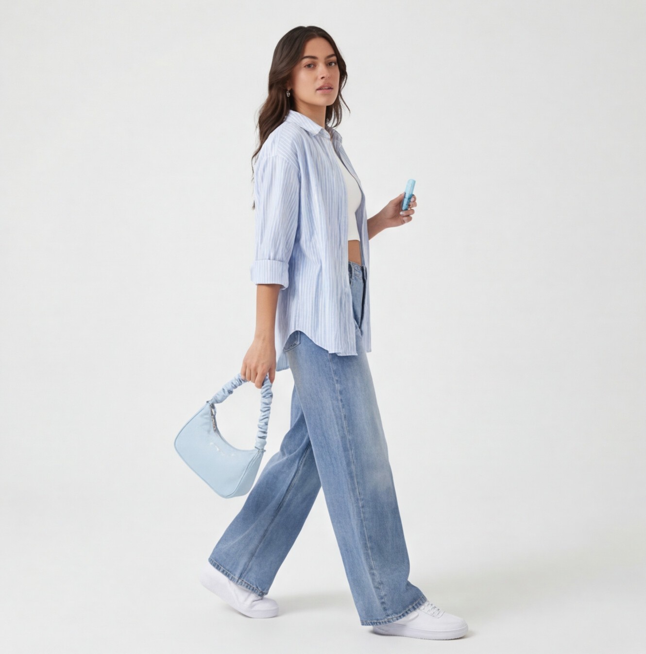 Light Blue Striped Linen Shirt with Wide Leg Denim