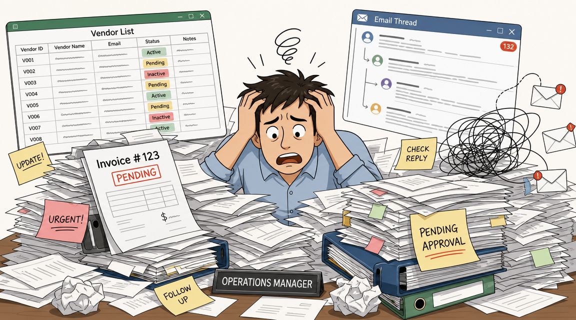 Stressed operations manager buried under massive piles of paperwork, invoices, and overwhelming digital vendor management tasks.