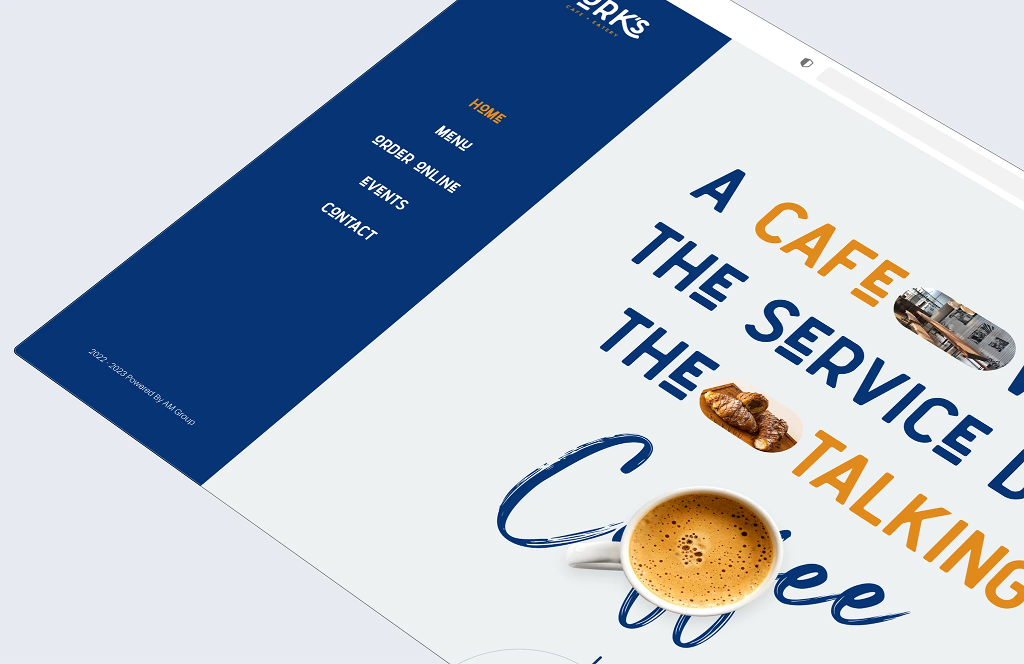Cafe website hero design featuring modern typography, coffee visuals, and clean food business branding UI