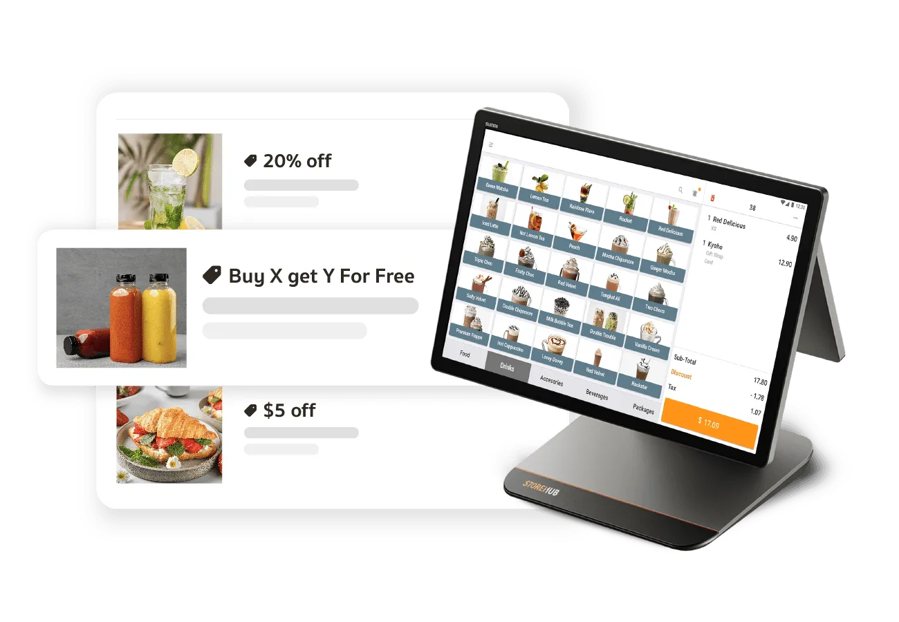 StoreHub POS system displaying promotional discount campaigns including Buy X Get Y and percentage-based offers.