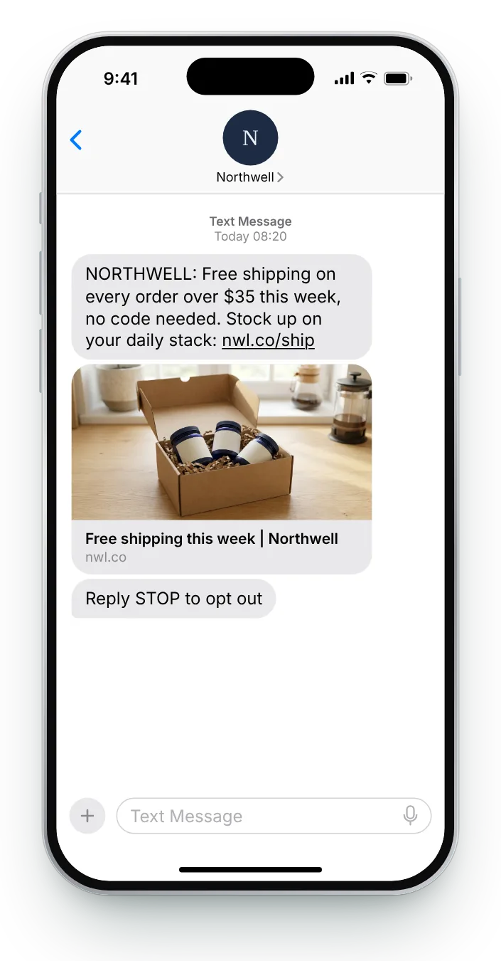 Free shipping over a threshold promotional SMS on an iPhone