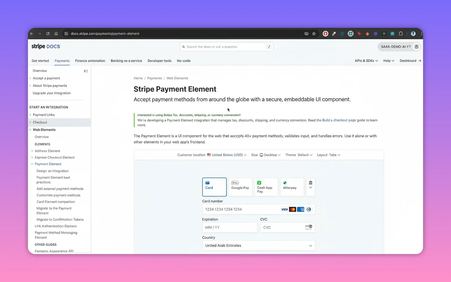 Stripe docs page titled 'Stripe Payment Element' with example Payment Element UI visible