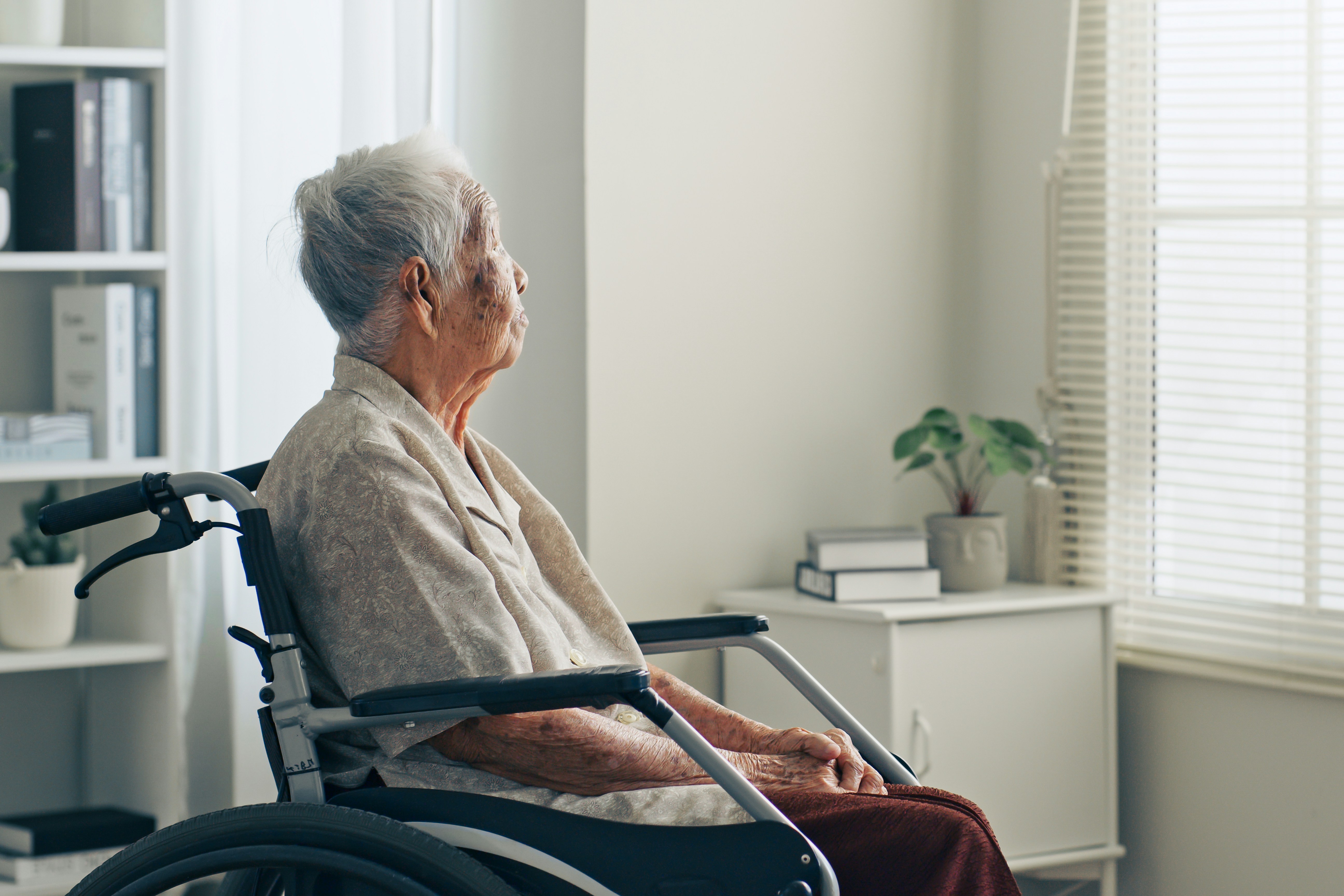 man in wheelchair looks out a window