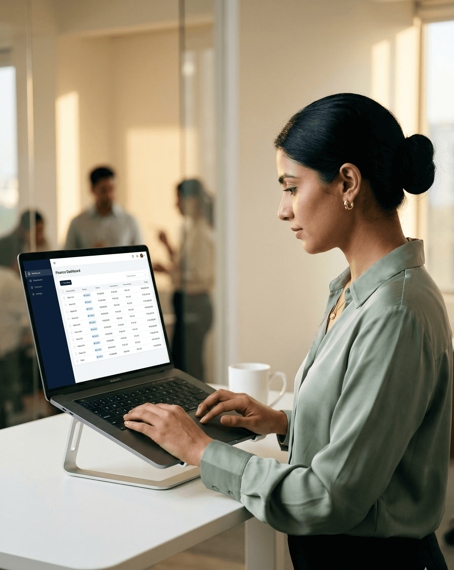 A man in a dark sweater and a woman in glasses wearing a navy blouse sit together at a desk, smiling at the camera with a laptop in front of them.