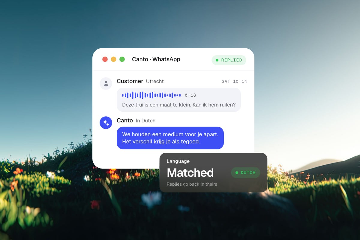A Canto WhatsApp thread: a Saturday voice note in Dutch about exchanging a sweater, transcribed, and Canto's reply in Dutch. A card reads Language: matched.