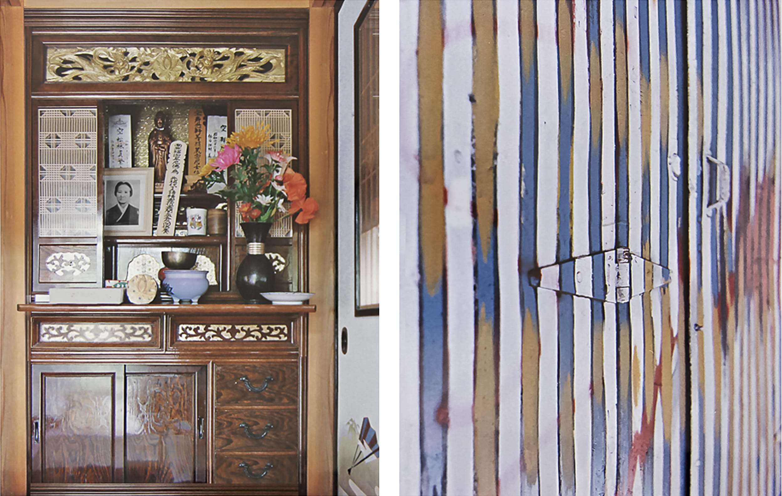 Diptych featuring two photographs: on the left, a traditional wooden household altar adorned with flowers, a Buddha statue, and framed portrait; on the right, a close-up of a striped metal surface with layers of blue, yellow, and red paint. The pairing contrasts sacred intimacy with urban abstraction.