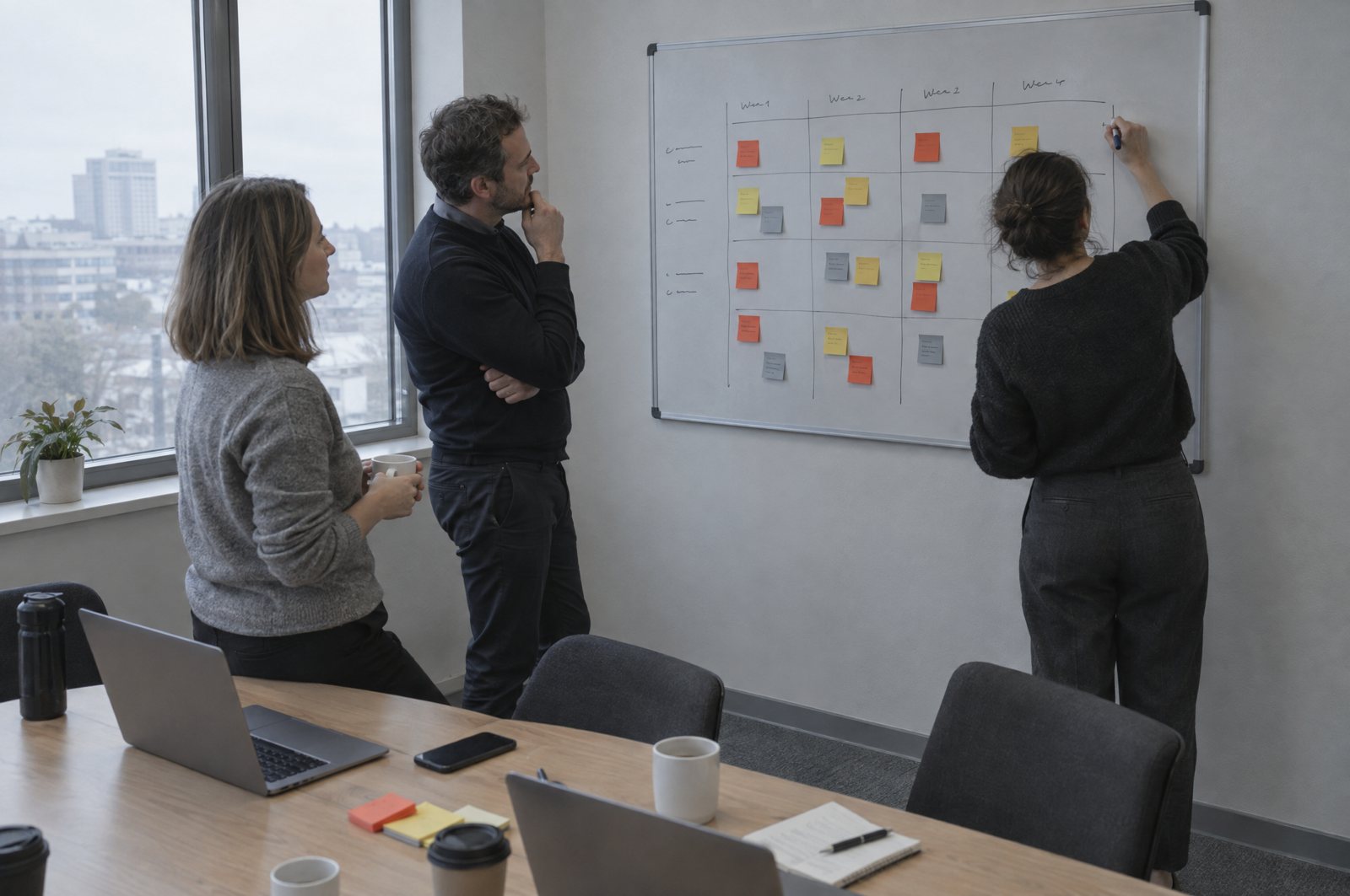 A marketing team of three plans a four-week content grid on a whiteboard with sticky notes