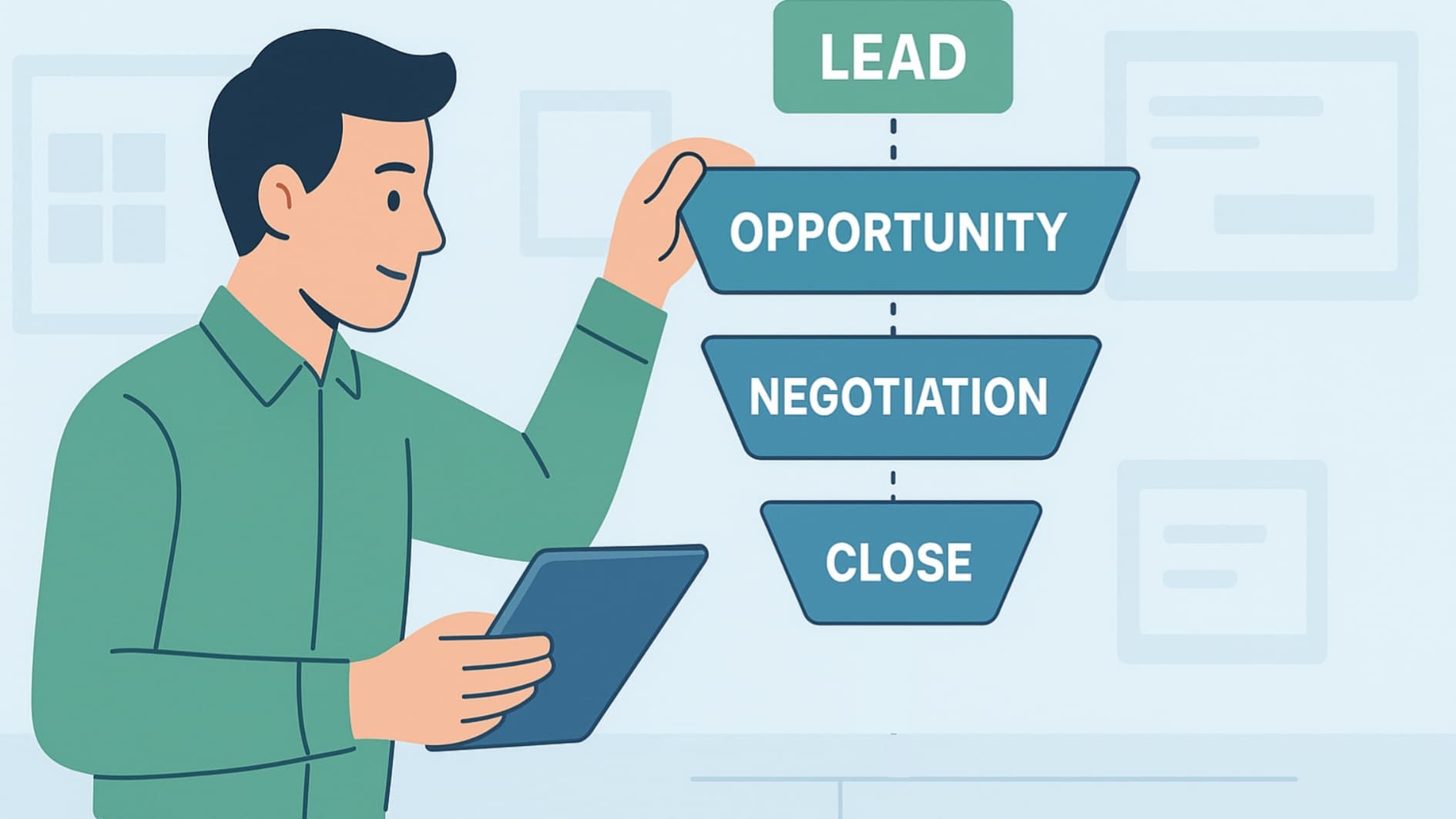 Illustration depicting the sales pipeline process, highlighting the steps of lead generation, opportunity identification, negotiation, and closing to maintain a healthy sales pipeline.