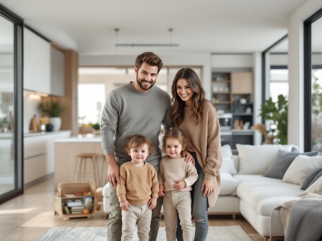 A family of four standing in their living room, smiling at the camera.