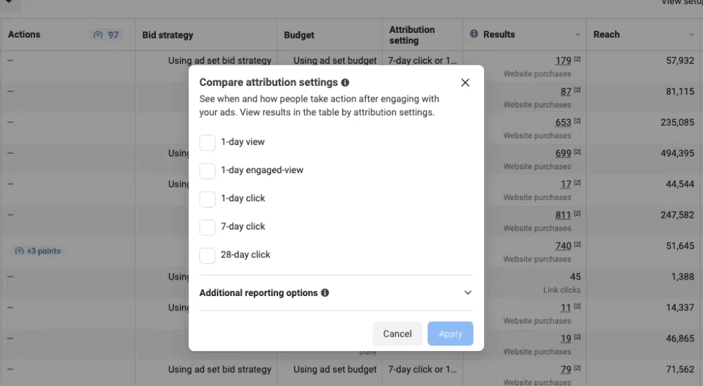 Attribueringsindstillinger i Meta