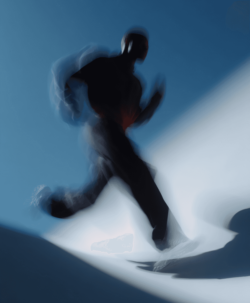 Abstract motion blur of a person running against a cool blue and white gradient background.