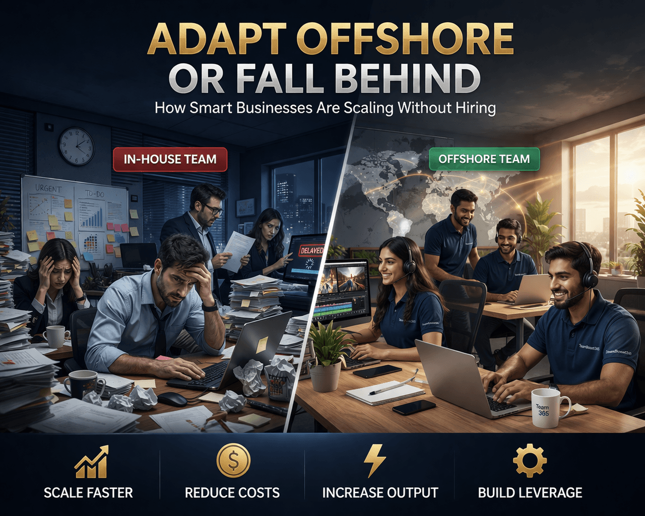 A diverse team collaborates in a modern office, with screens displaying video calls and digital work.