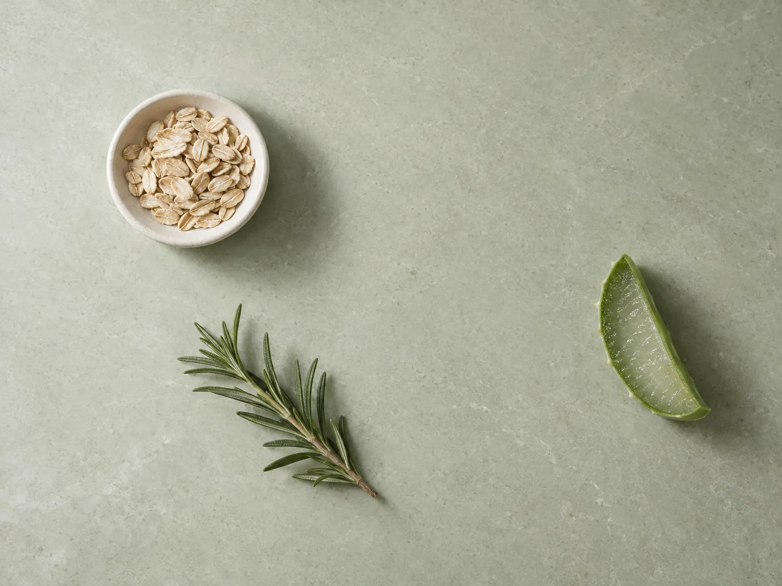 Oat grains, a rosemary sprig and a slice of aloe on pale sage stone