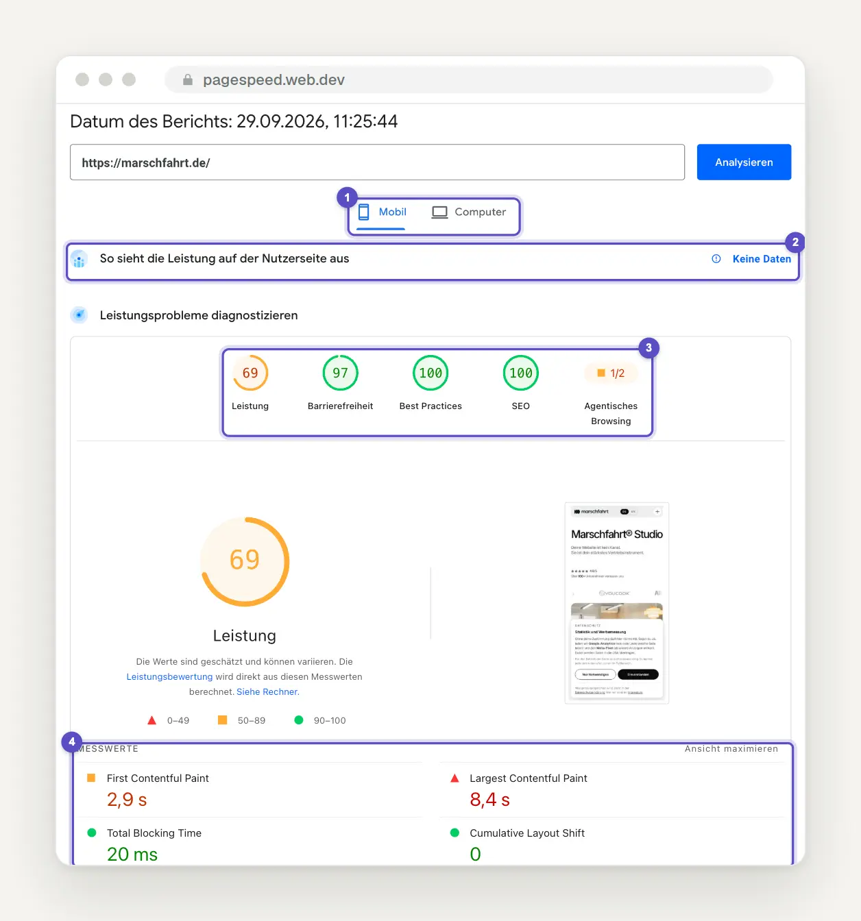 PageSpeed-Insights-Bericht für marschfahrt.de, mobil, vom 29. September 2026: Umschalter Mobil und Computer, im Bereich für echte Nutzer der Hinweis Keine Daten, darunter die Kategorien Leistung 69, Barrierefreiheit 97, Best Practices 100, SEO 100 und Agentisches Browsing 1/2 sowie die Messwerte FCP 2,9 s, LCP 8,4 s, TBT 20 ms und CLS 0.