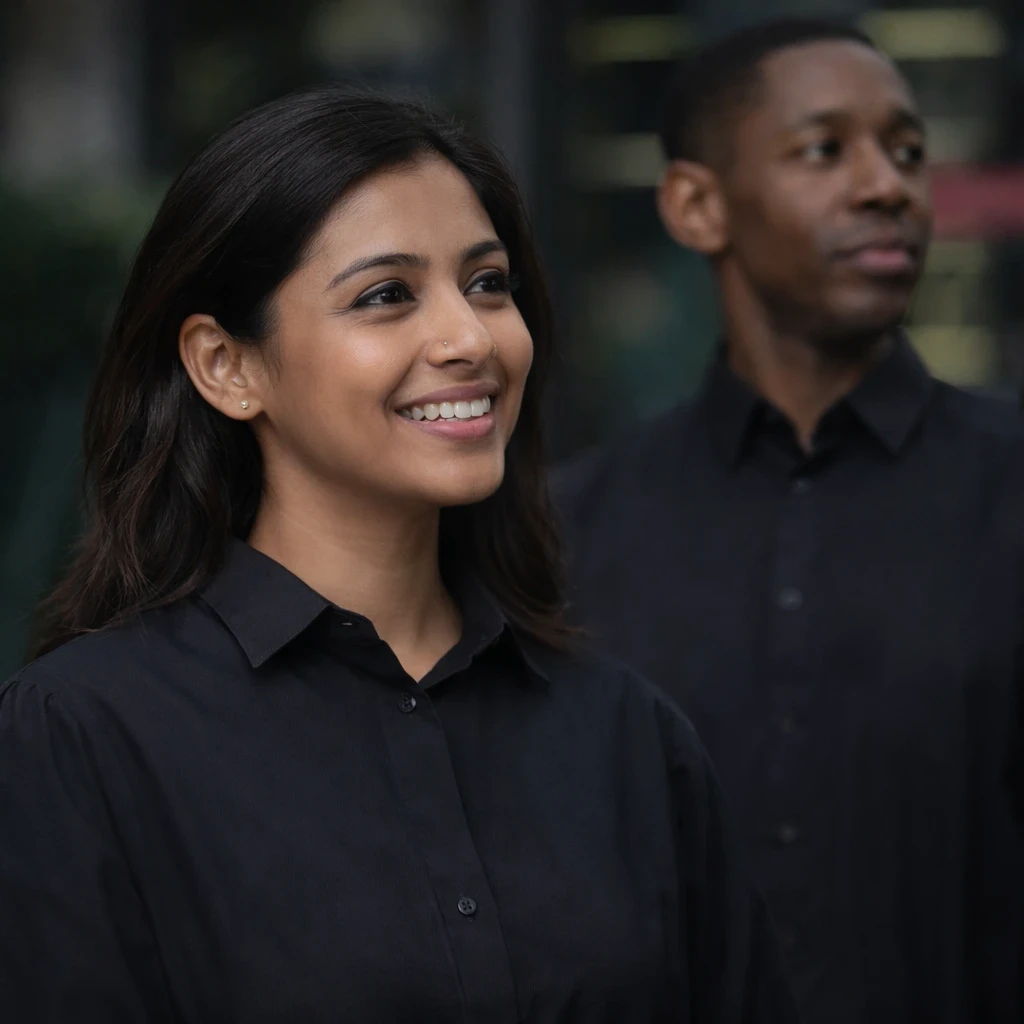 Smiling woman in black shirt beside man in black shirt.