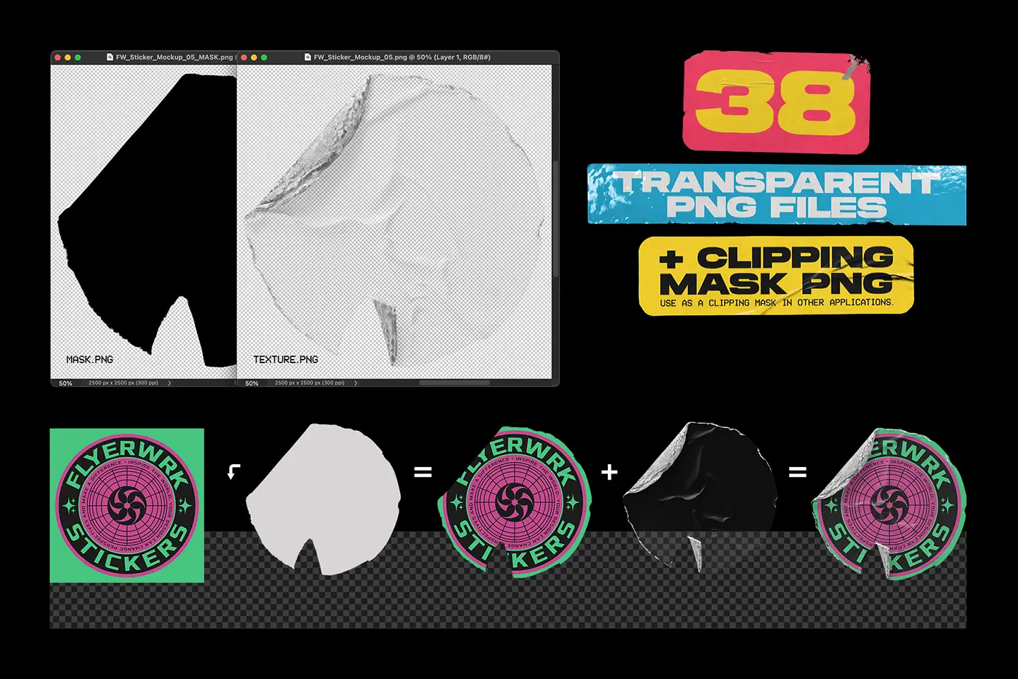 Demonstration of transparent PNG files and clipping masks for creating realistic custom sticker mockups