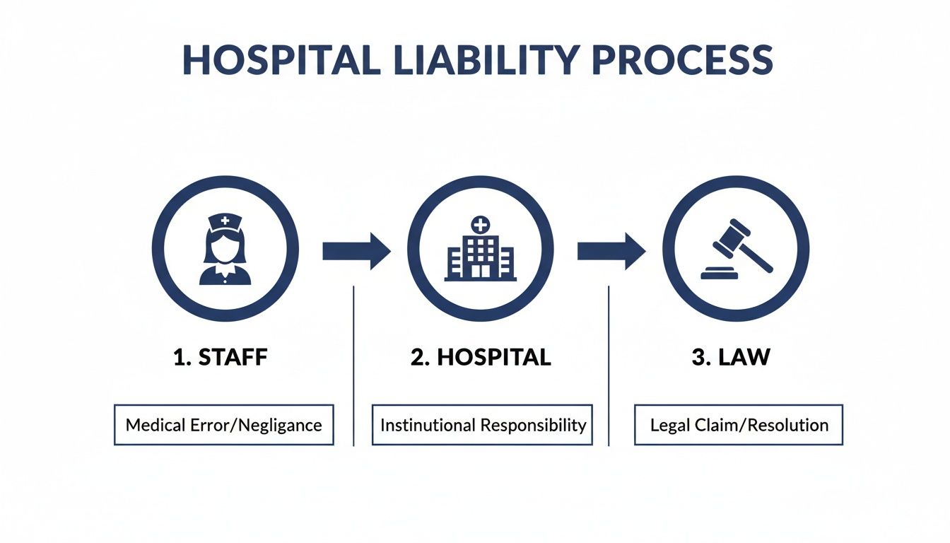 Flowchart illustrating the hospital liability process steps: staff negligence, hospital responsibility, and legal claim.