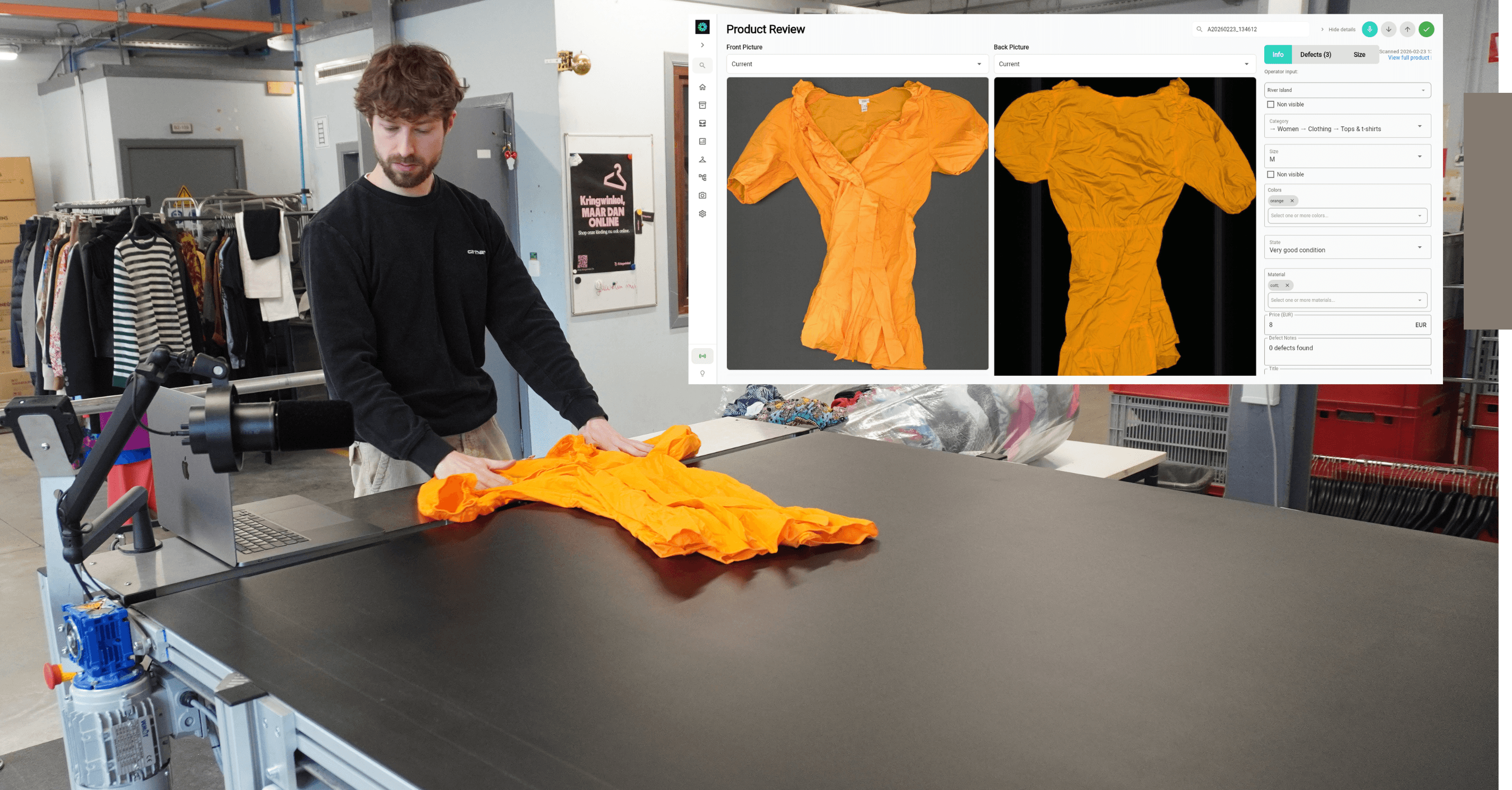 Achille Mathot feeding a garment through Trosort's sorting machine, which captures detailed clothing attributes such as type, size, colour and material on screen, the kind of documentation now required to prove textiles are fit for re-use.