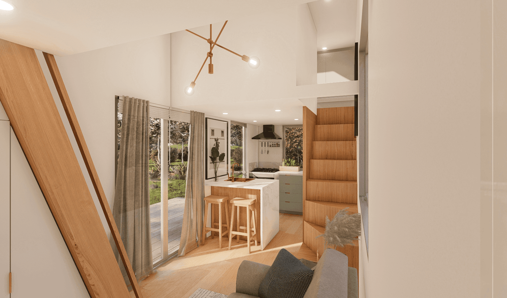 A spacious open-plan tiny house interior connecting the kitchen, dining area and lounge.