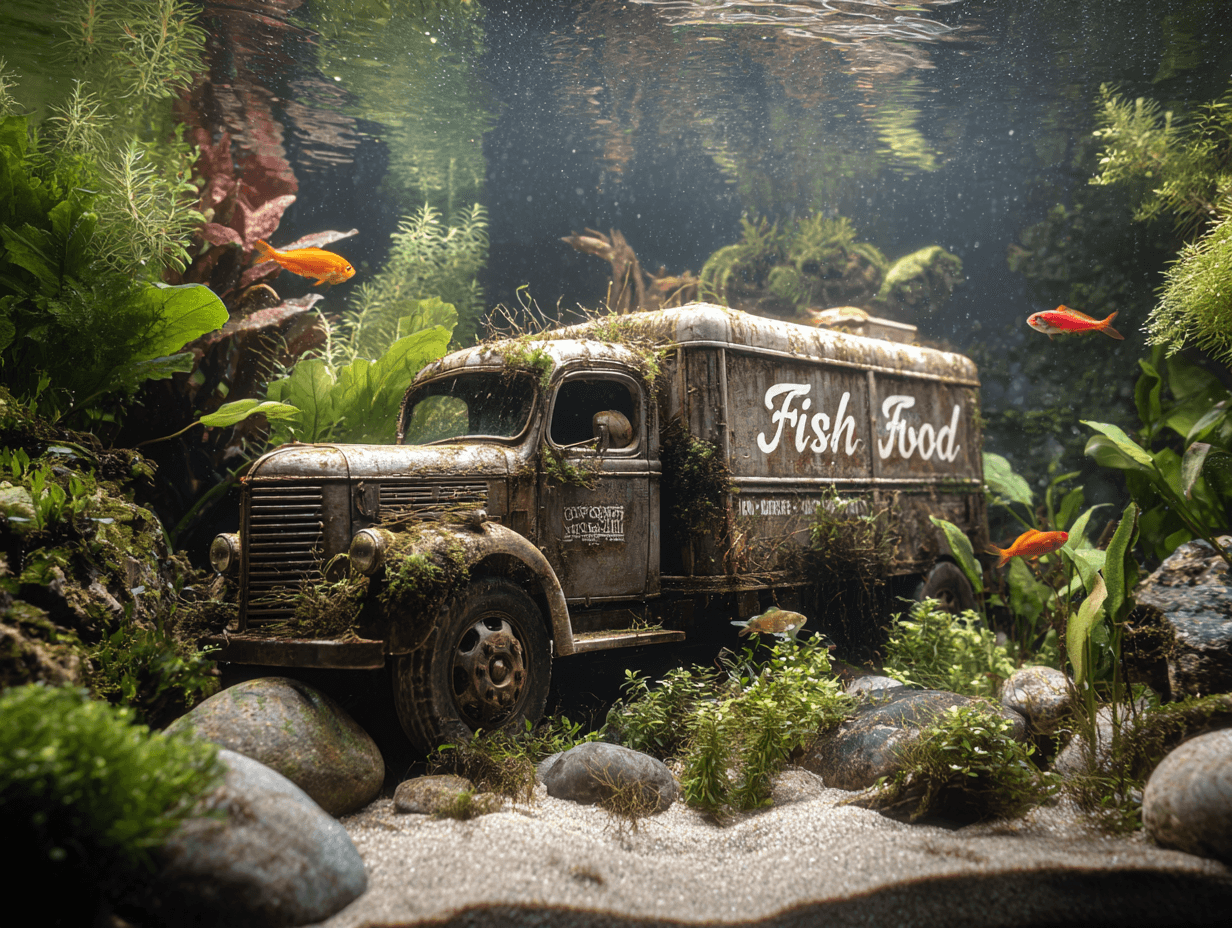 A sunken delivery truck as the main feature in an aquascaped fish tank with fish food branding