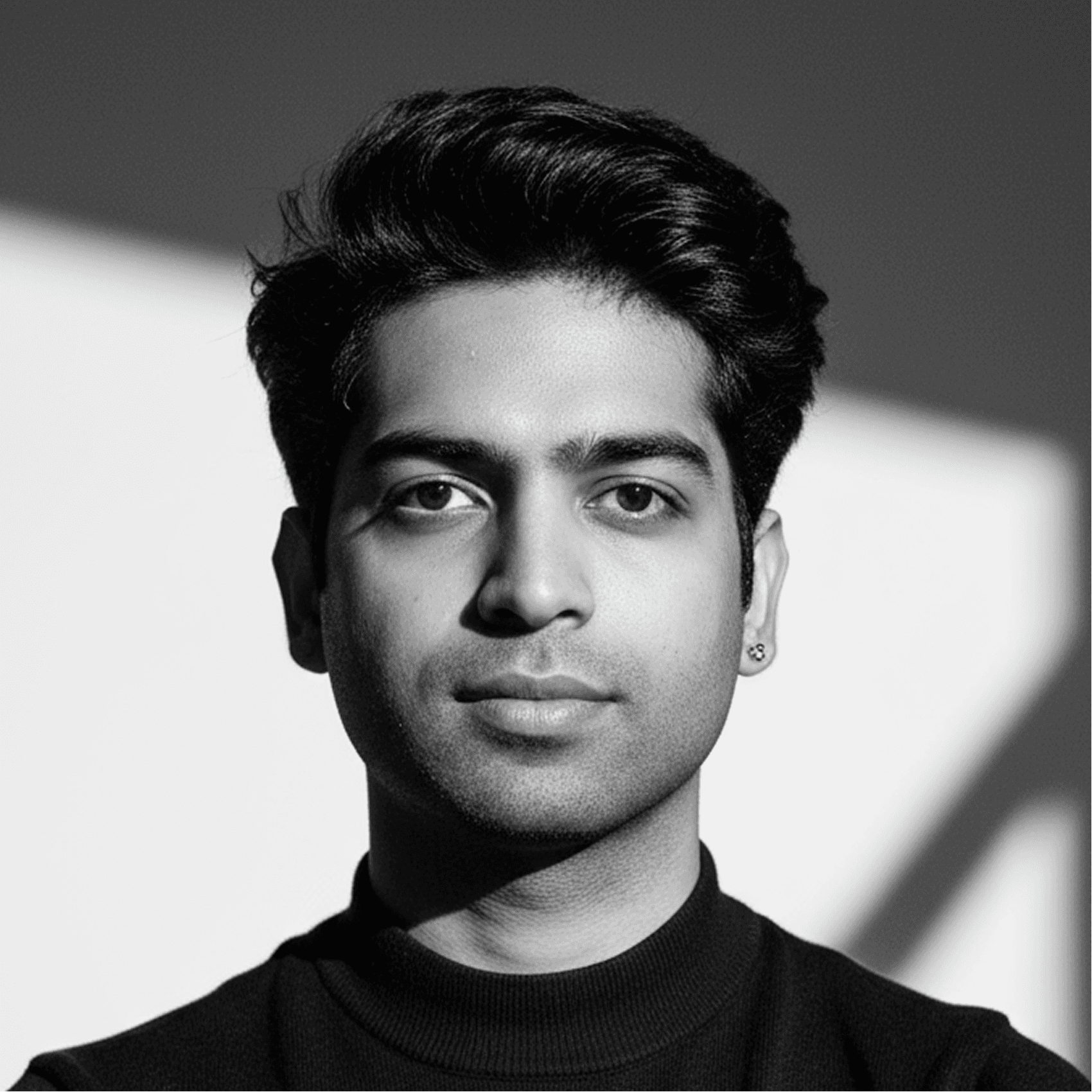 Black and white portrait of a man with a beard and glasses