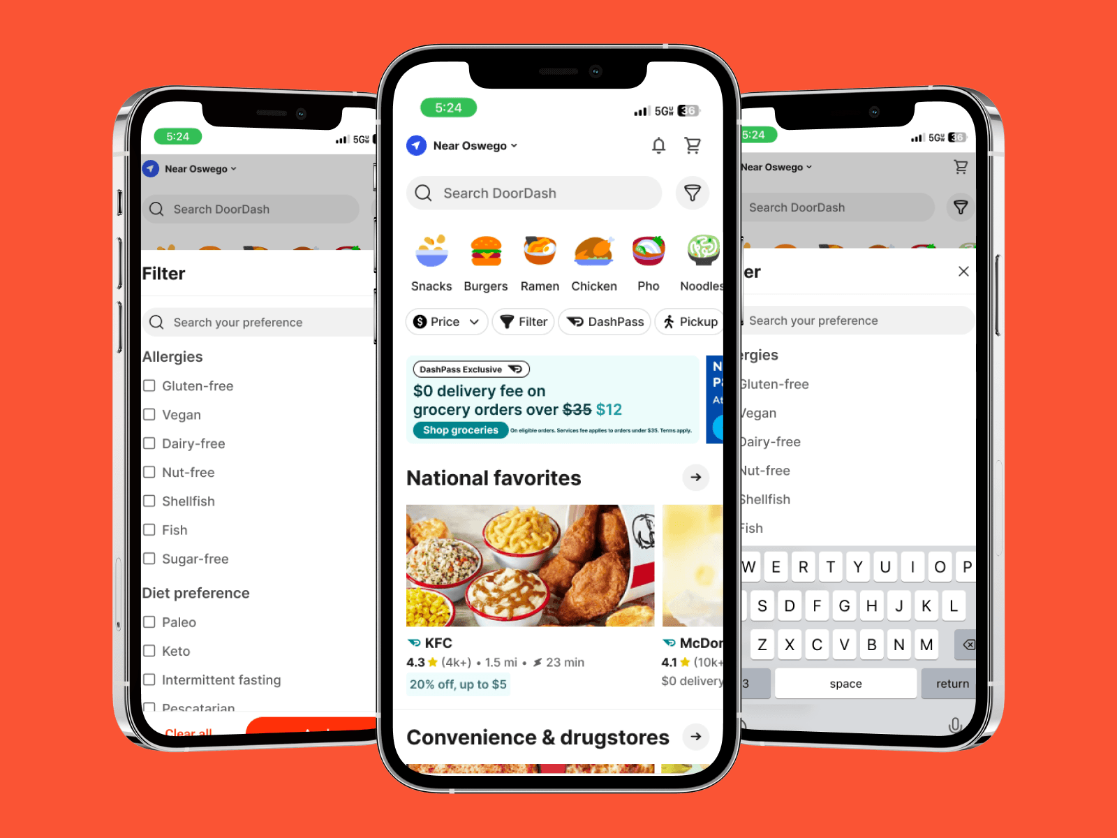 Shows mobile mockups of version 1 for the Homepage, and filters on the app