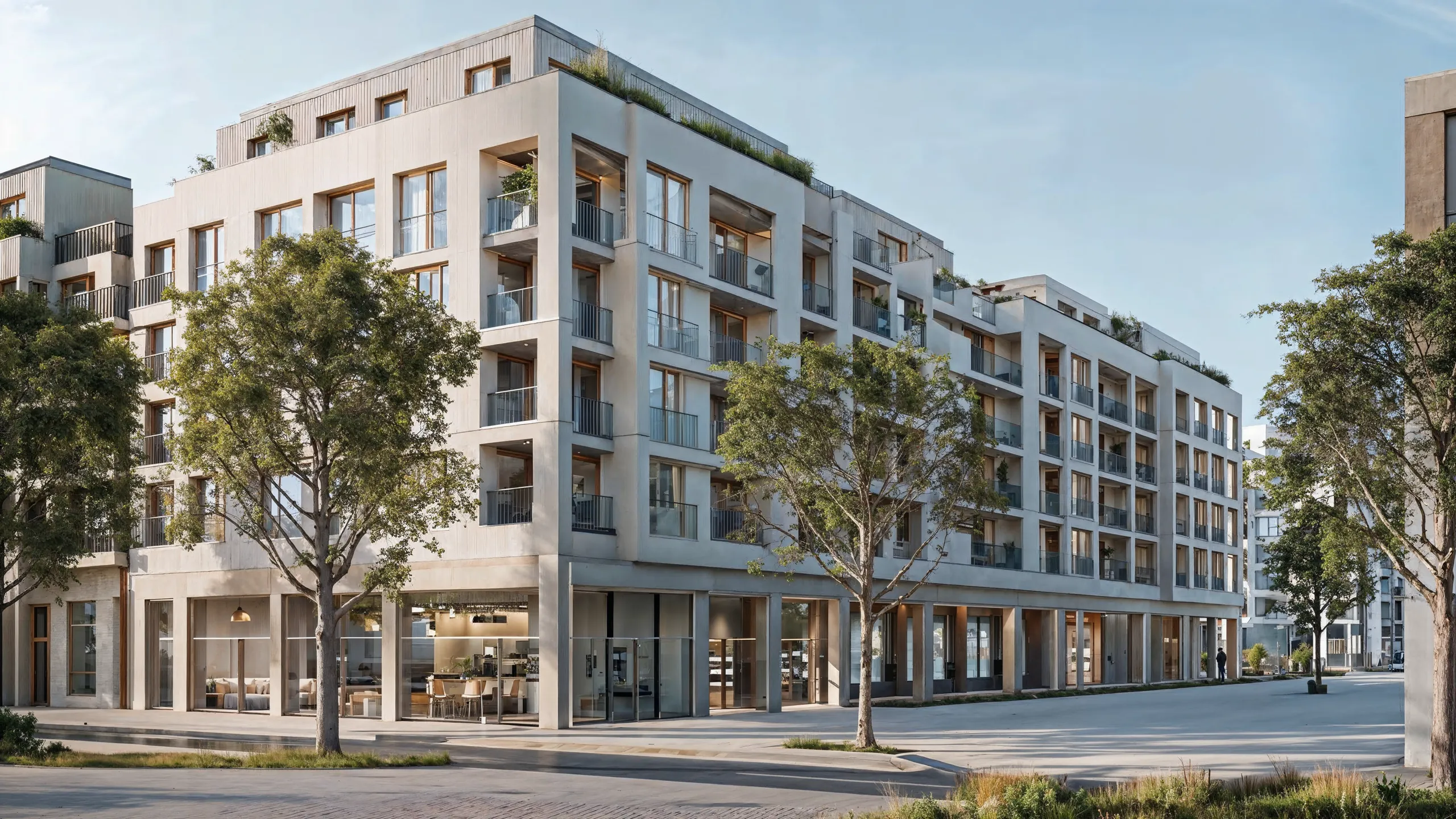 Photorealistic render of a contemporary residential complex surrounded by trees.