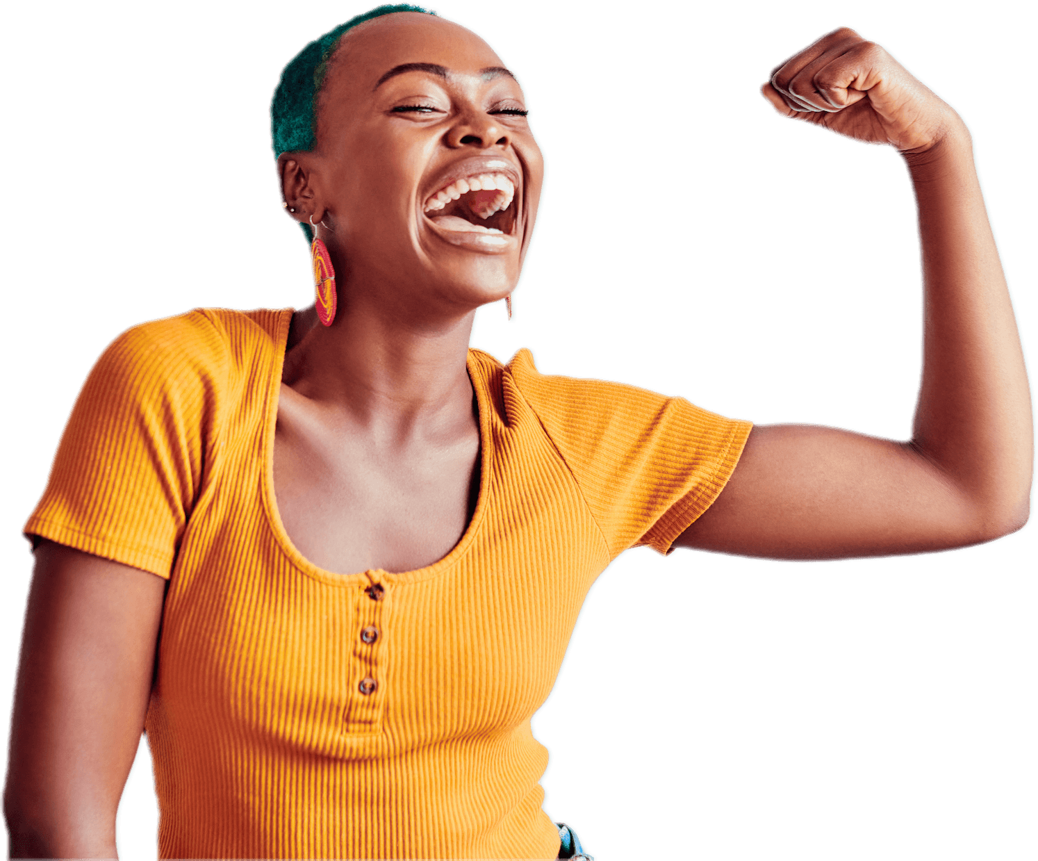 A young lady with a huge smile on her face, flexing her arms