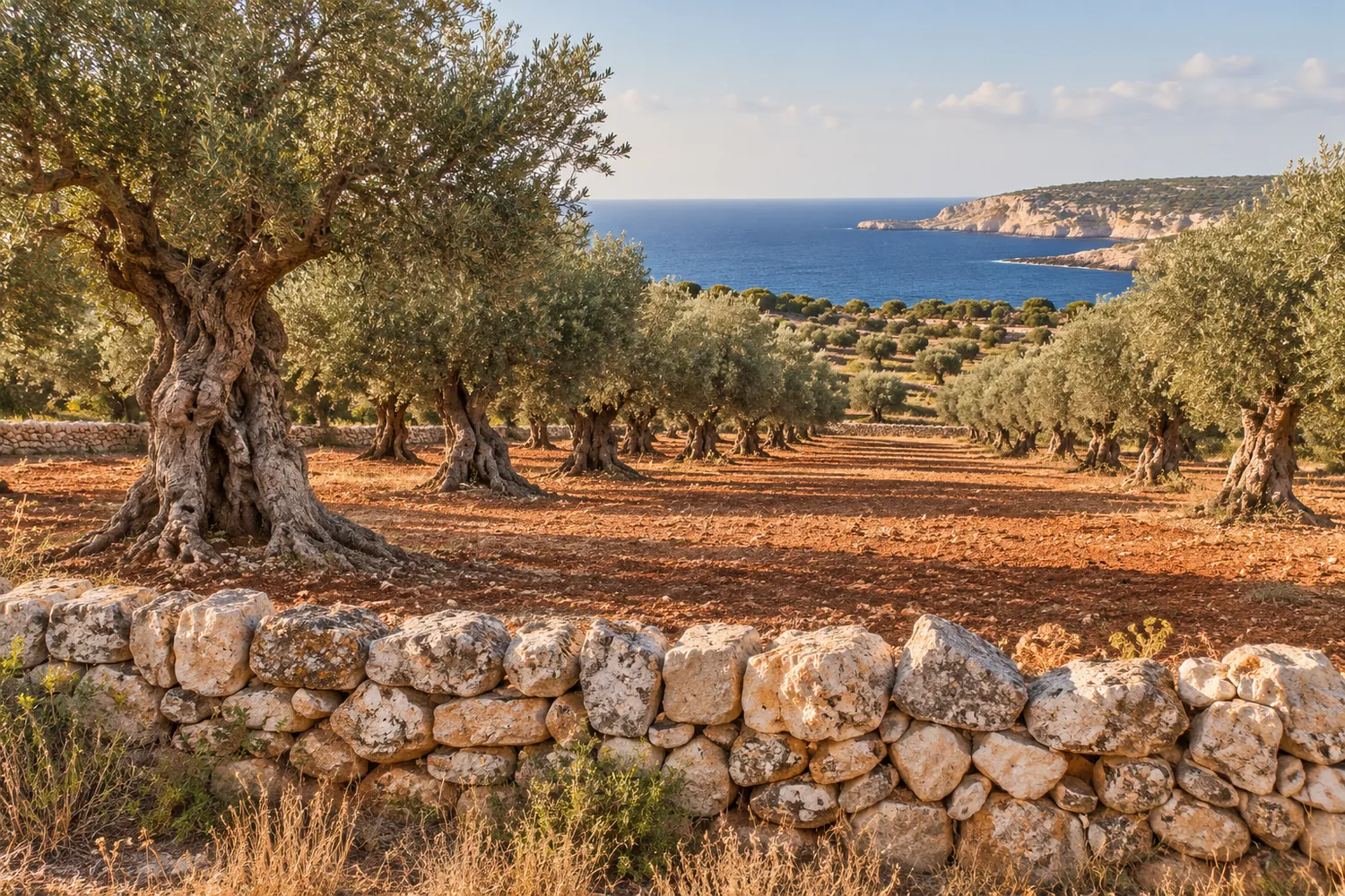 Old olive trees in red earth behind a dry stone wall