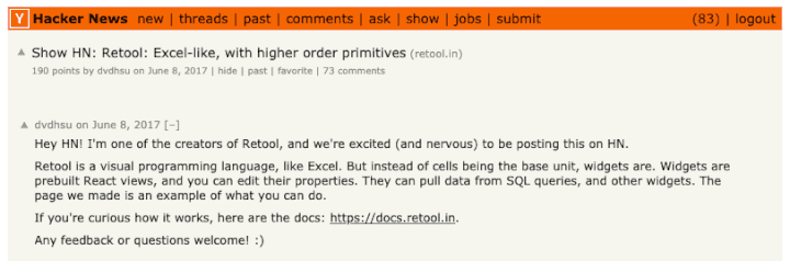 Retool description on HackerNews on June 8, 2017
