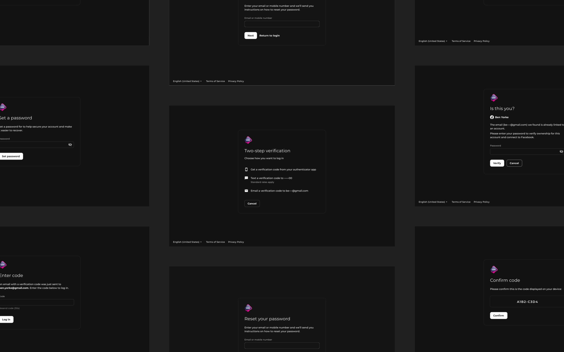 Various Flow screens (dark theme, desktop).