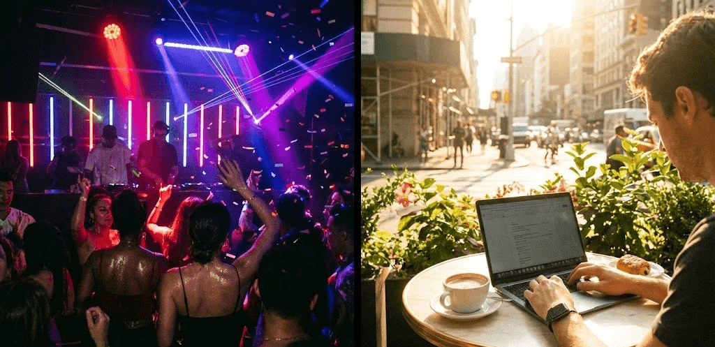 A split screen or high-contrast photo: Left side shows a dark, neon-lit club scene; Right side shows a bright, sunny morning with a laptop and coffee. High energy. 