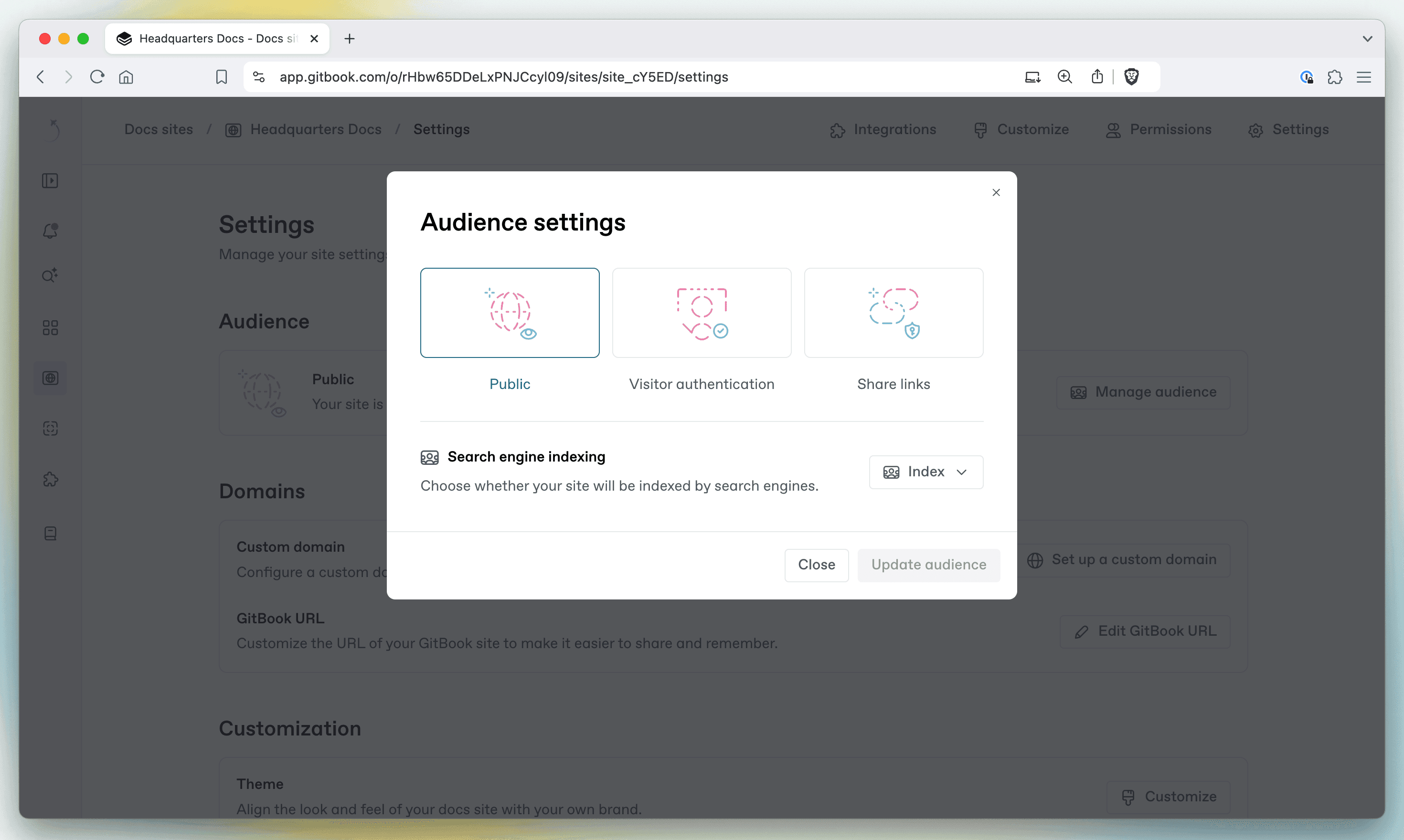 A screenshot showing how to change the audience of your docs site