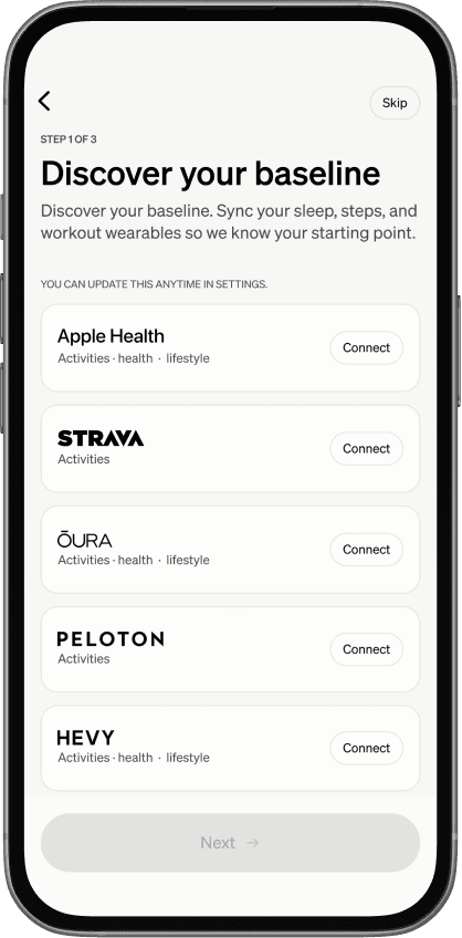 Eternal app onboarding screen showing wearable connections – Apple Health, Strava, Oura, Peloton and Hevy