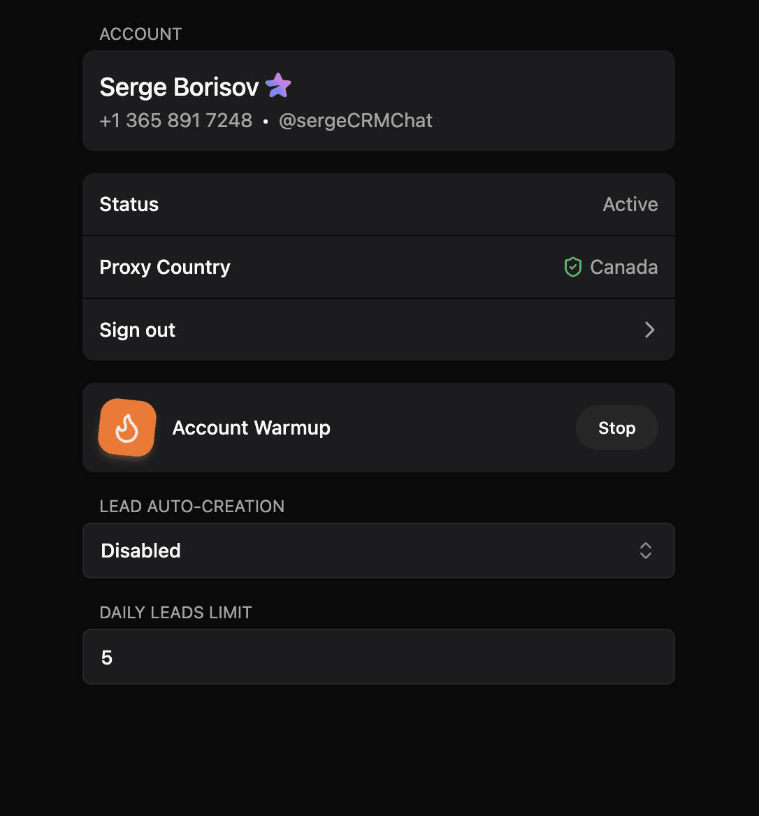 CRMChat account settings showing active warmup status with proxy location set to Canada and a Stop button to pause warmup