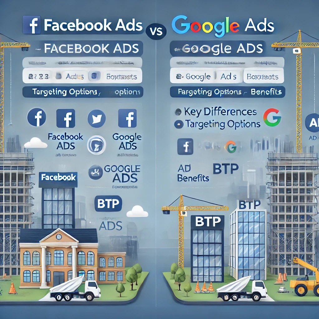 Comparaison visuelle des stratégies publicitaires Facebook Ads et Google Ads, mettant en avant leurs spécificités pour une entreprise du secteur BTP.