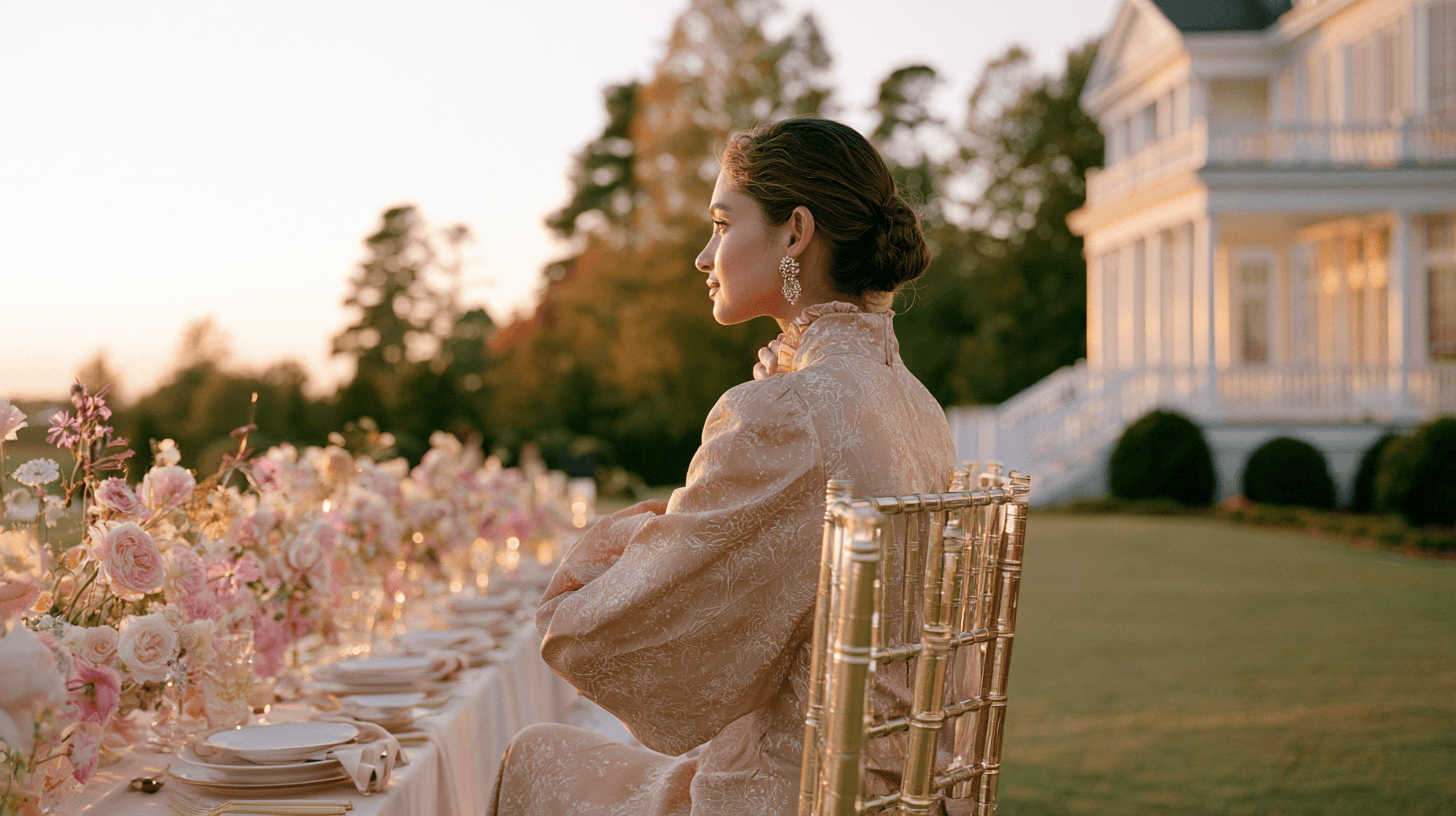 Elegant guest seated at a floral dinner table during golden hour