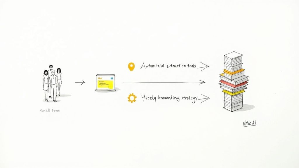 Diagram shows a small team utilizing automation and strategy to create a robust AI knowledge base.