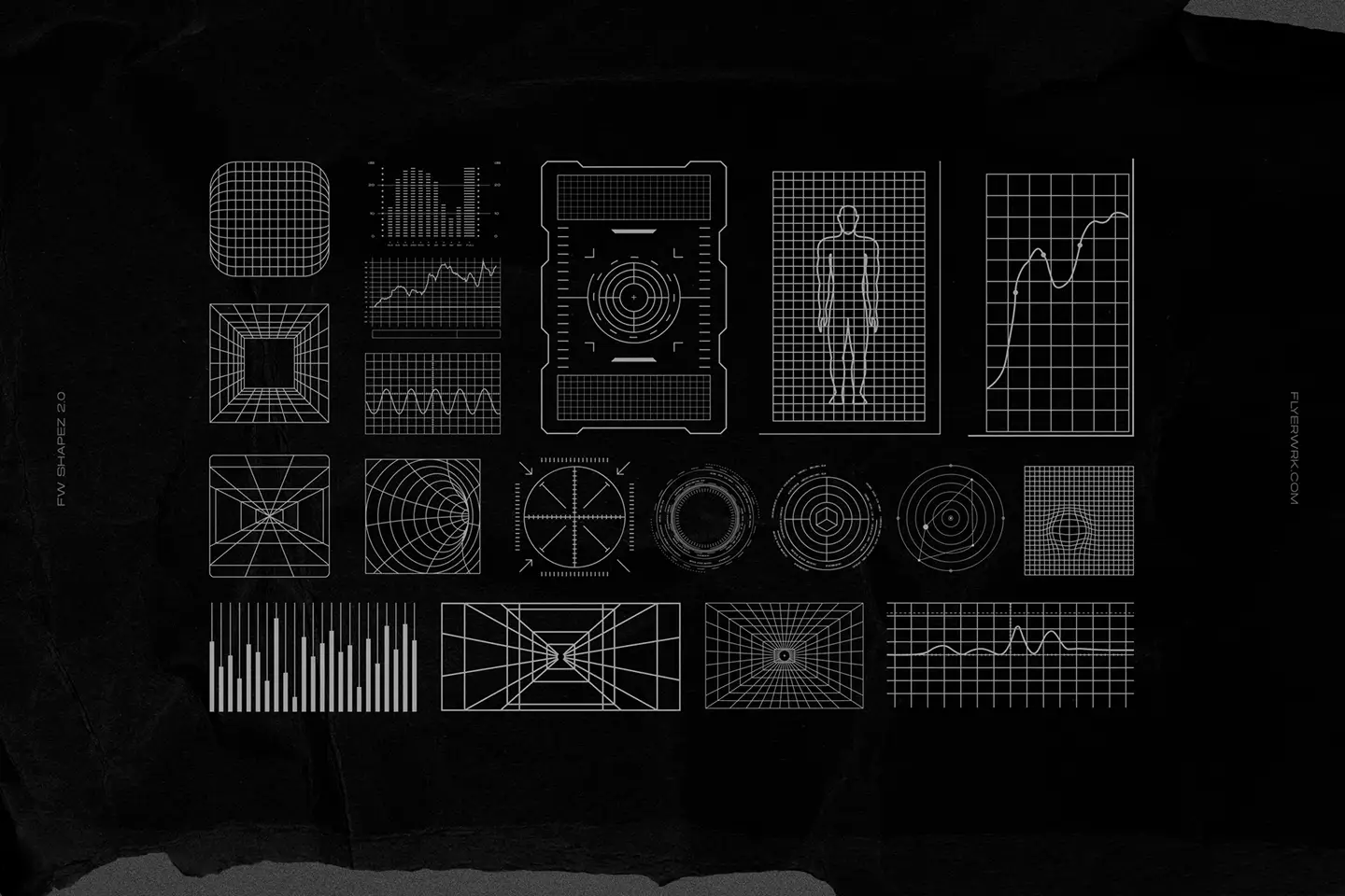 Retro Futuristic Shapes vector interface elements with graphs, UI grids and technical diagrams