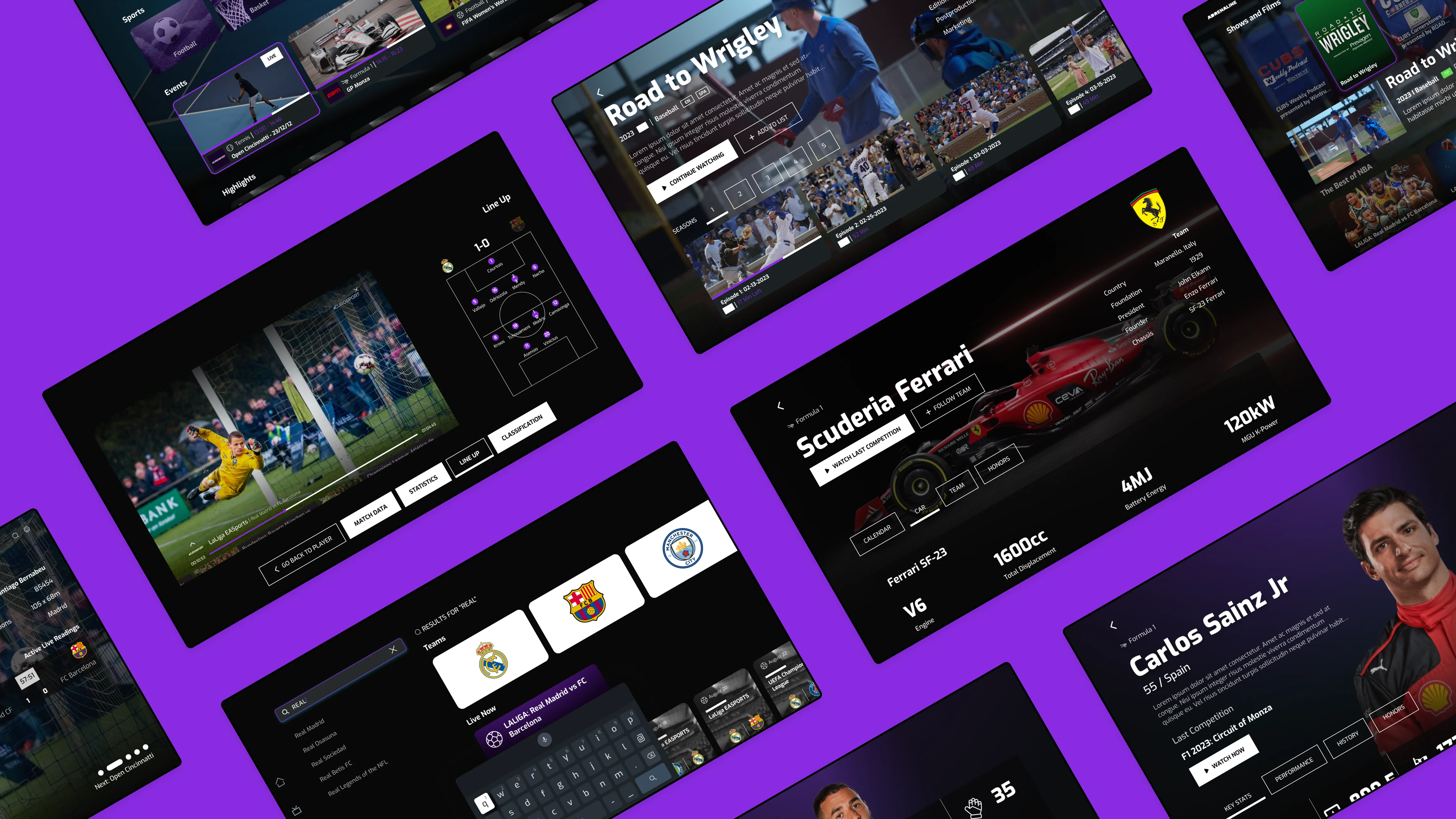 A set of sports app mockups showcasing various screens and features.