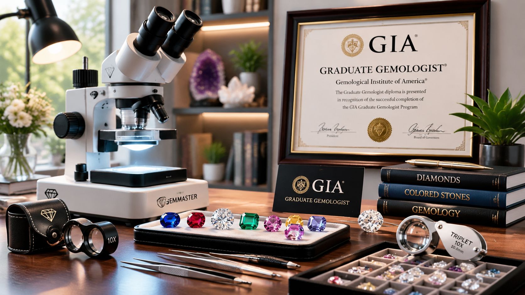 A professional jeweler's workstation featuring a microscope, loose gemstones, GIA certificate, and various appraisal tools.