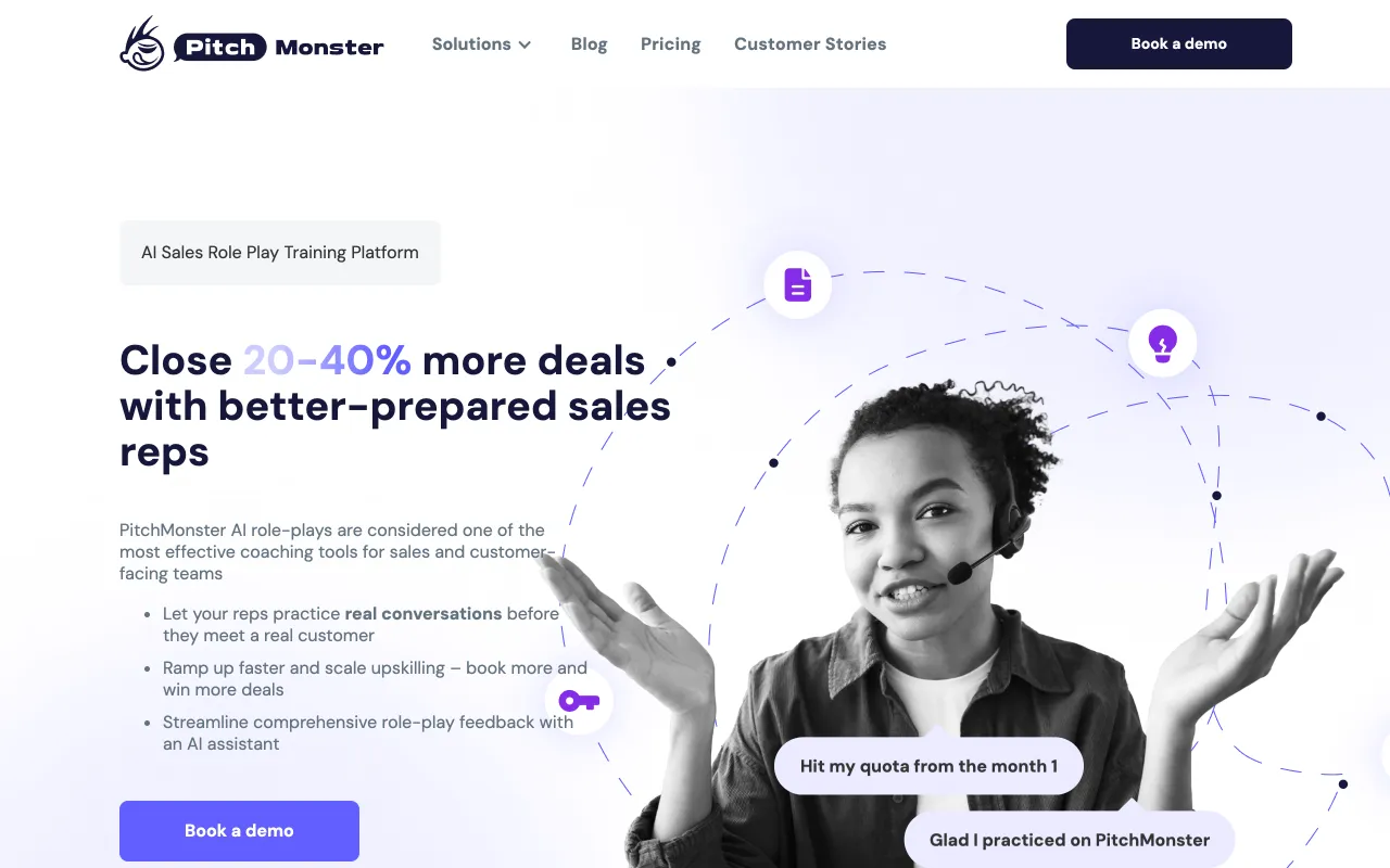 PitchMonster homepage, gamified AI sales roleplay training