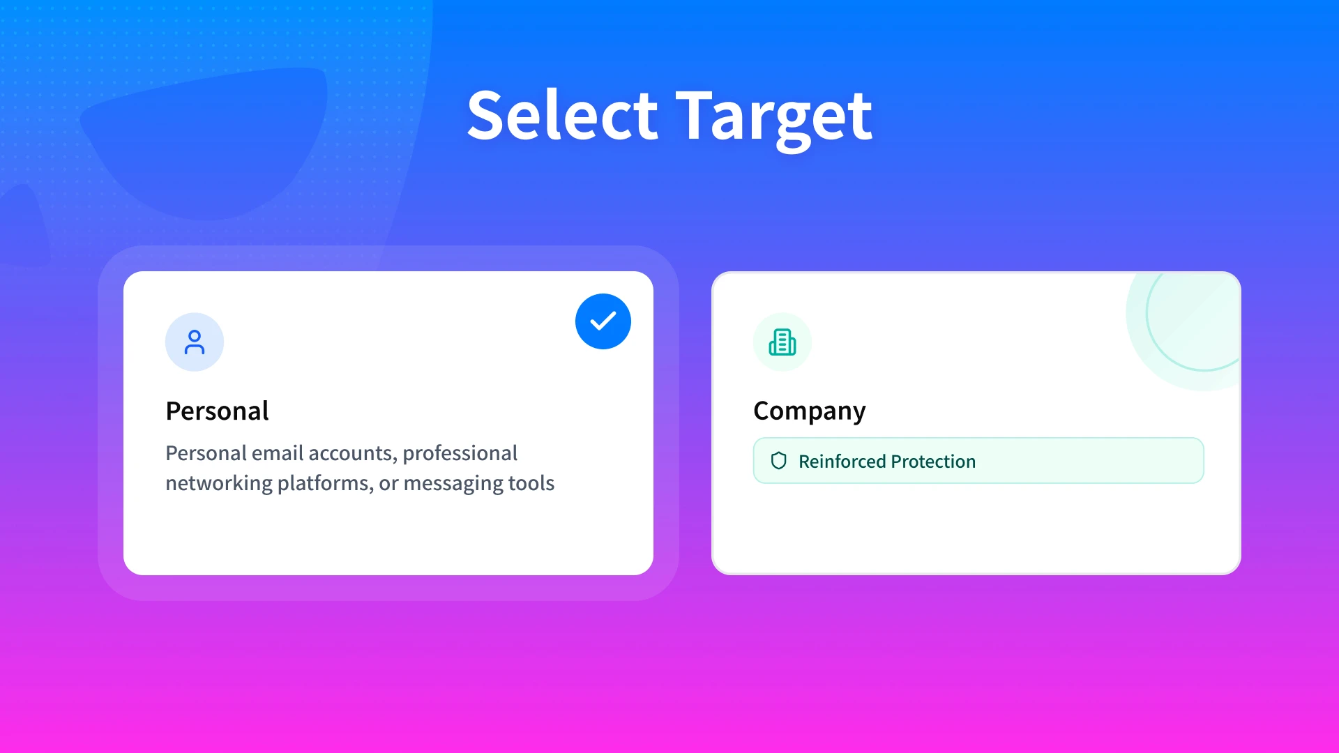 Diagram showing a cyber attacker selecting an individual's personal email and networking accounts as a target instead of a company with reinforced protection.