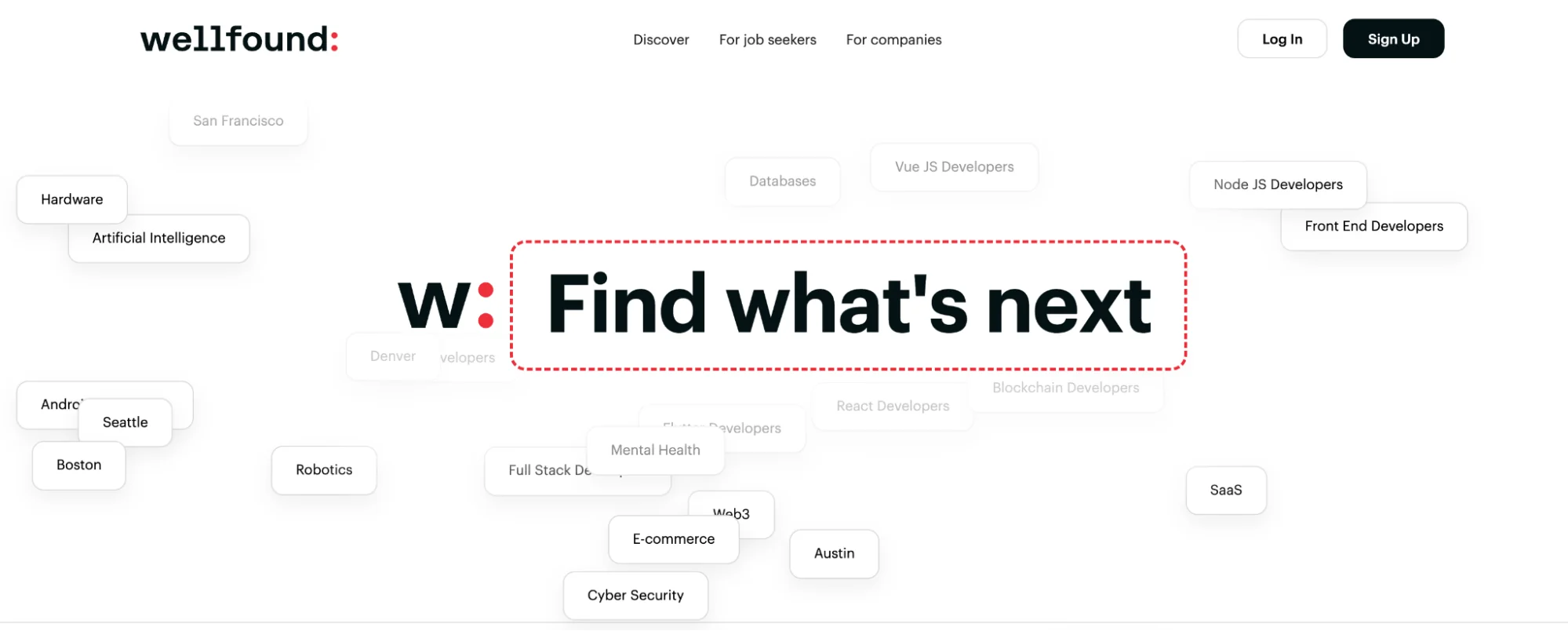 Wellfound homepage: startup job board and company database