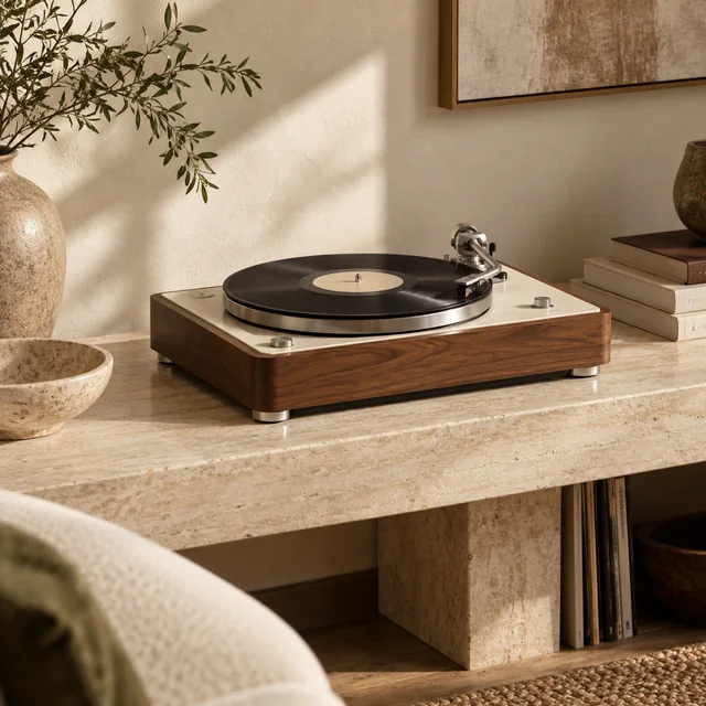 Walnut Aster turntable with cream platter and black record