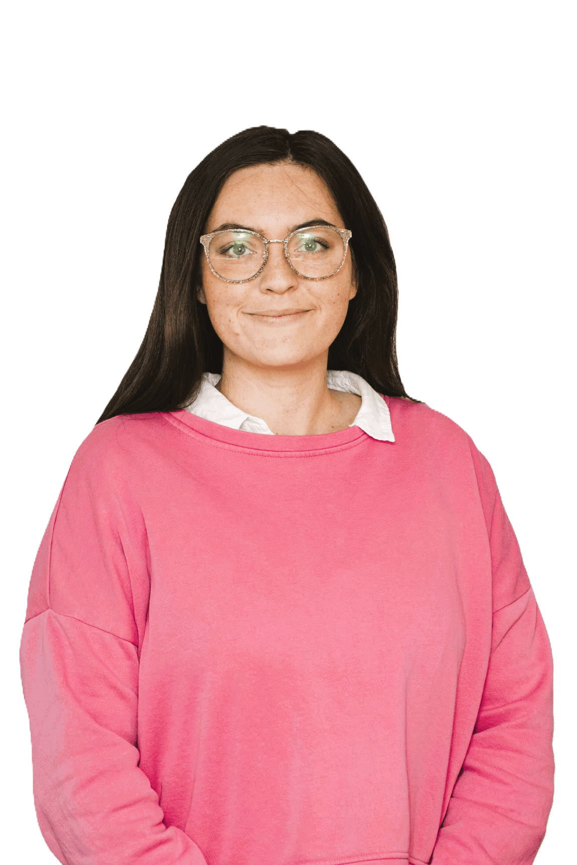 Portrait of Emma Lokander, arms folded, in a pink sweater over a white collared shirt.