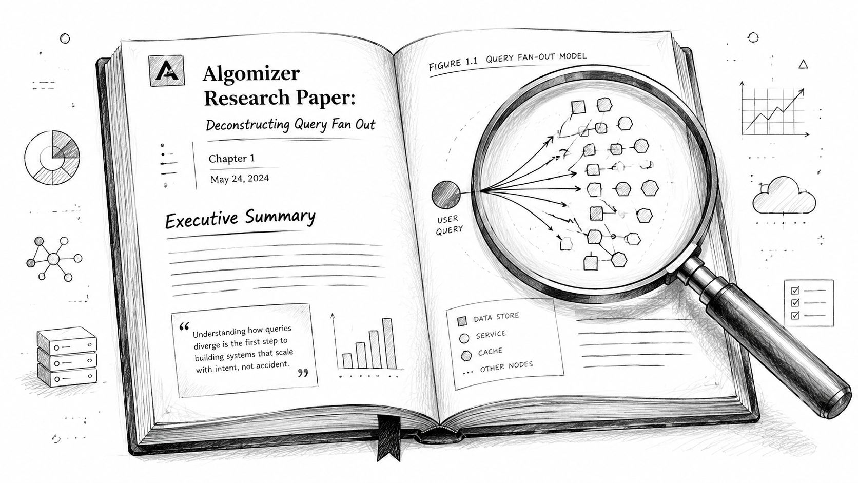 A research book open on a desk showing a query fan out diagram under a magnifying glass.